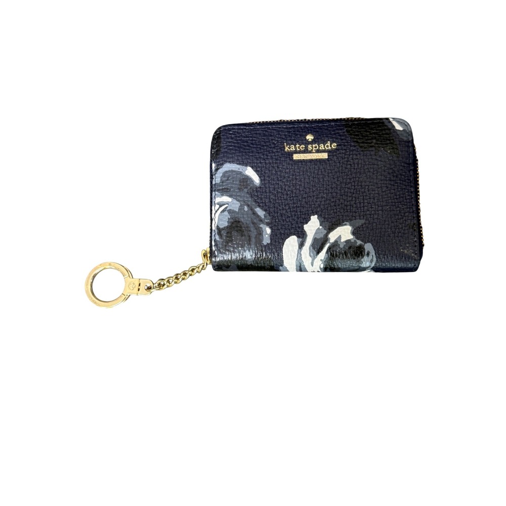 Kate Spade Navy Blue Floral Saffiano Leather Zip Around Coin Purse Wallet
